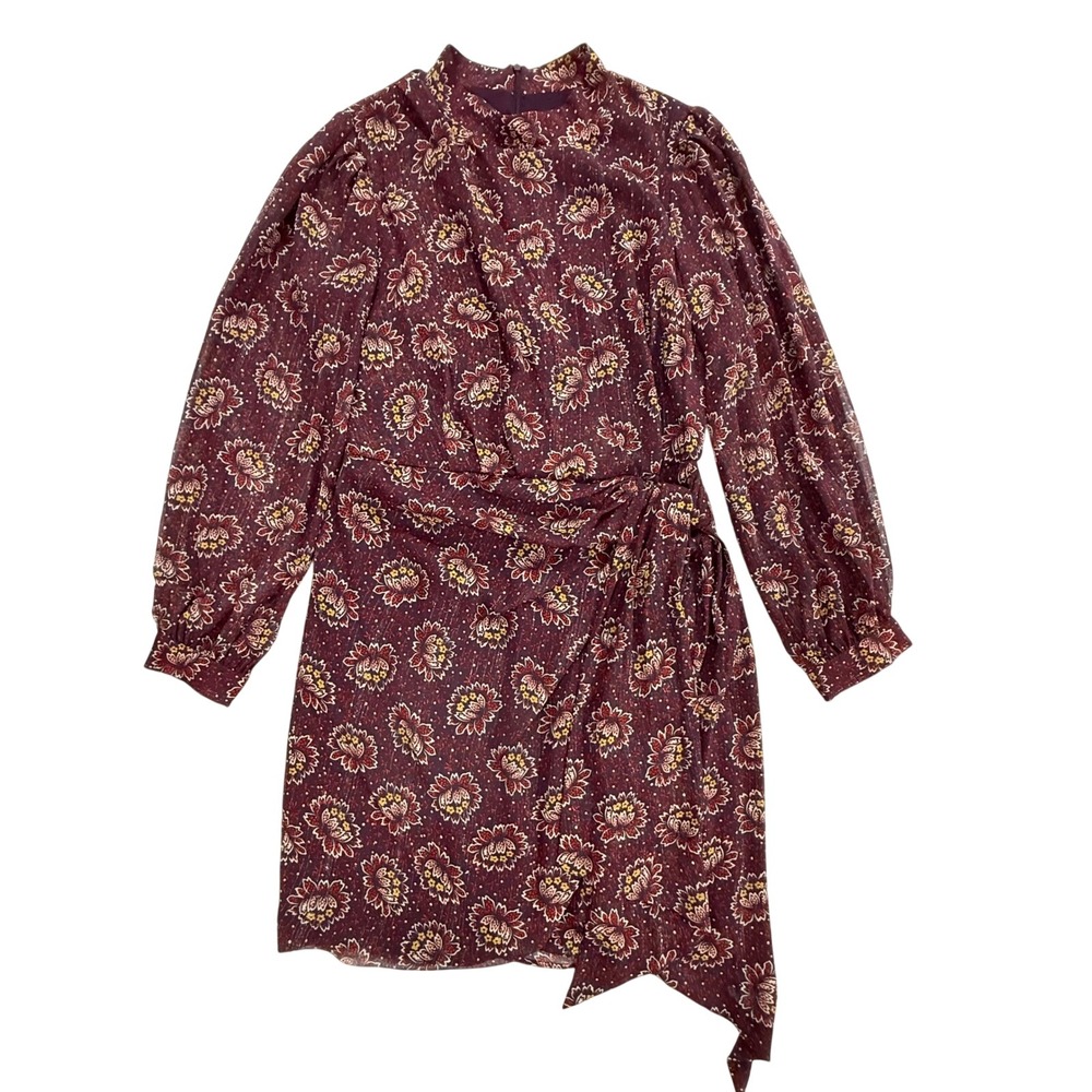Julian Taylor New York Floral Tie Waist Long Sleeve Burgundy Dress